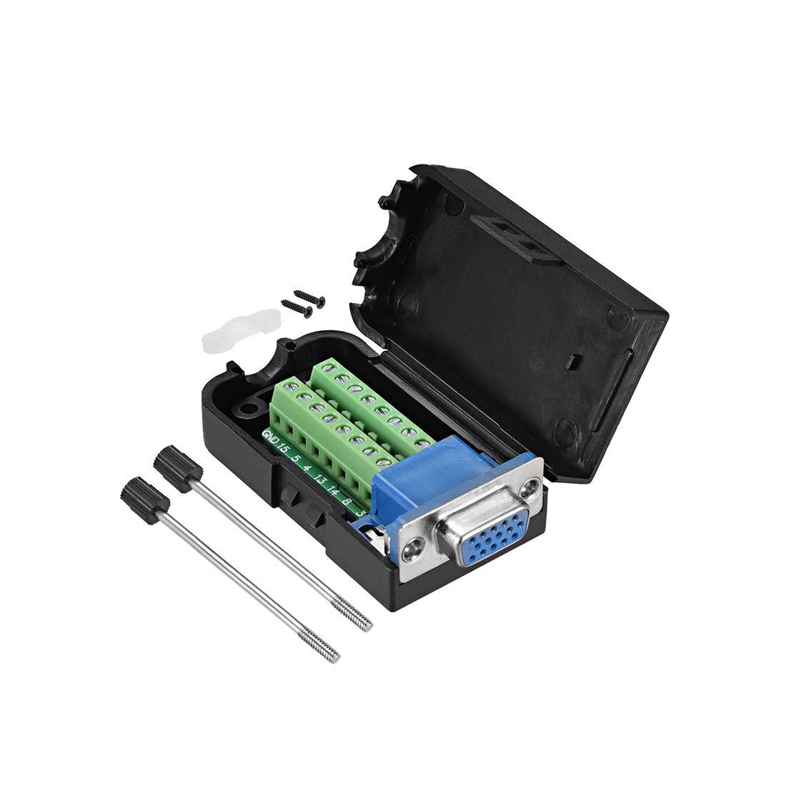 sourcing map D-sub DB15 Breakout Board Connector with Case 15 Pin 3-row Female Port Solderless Terminal Block Adapter with Thumb Screws