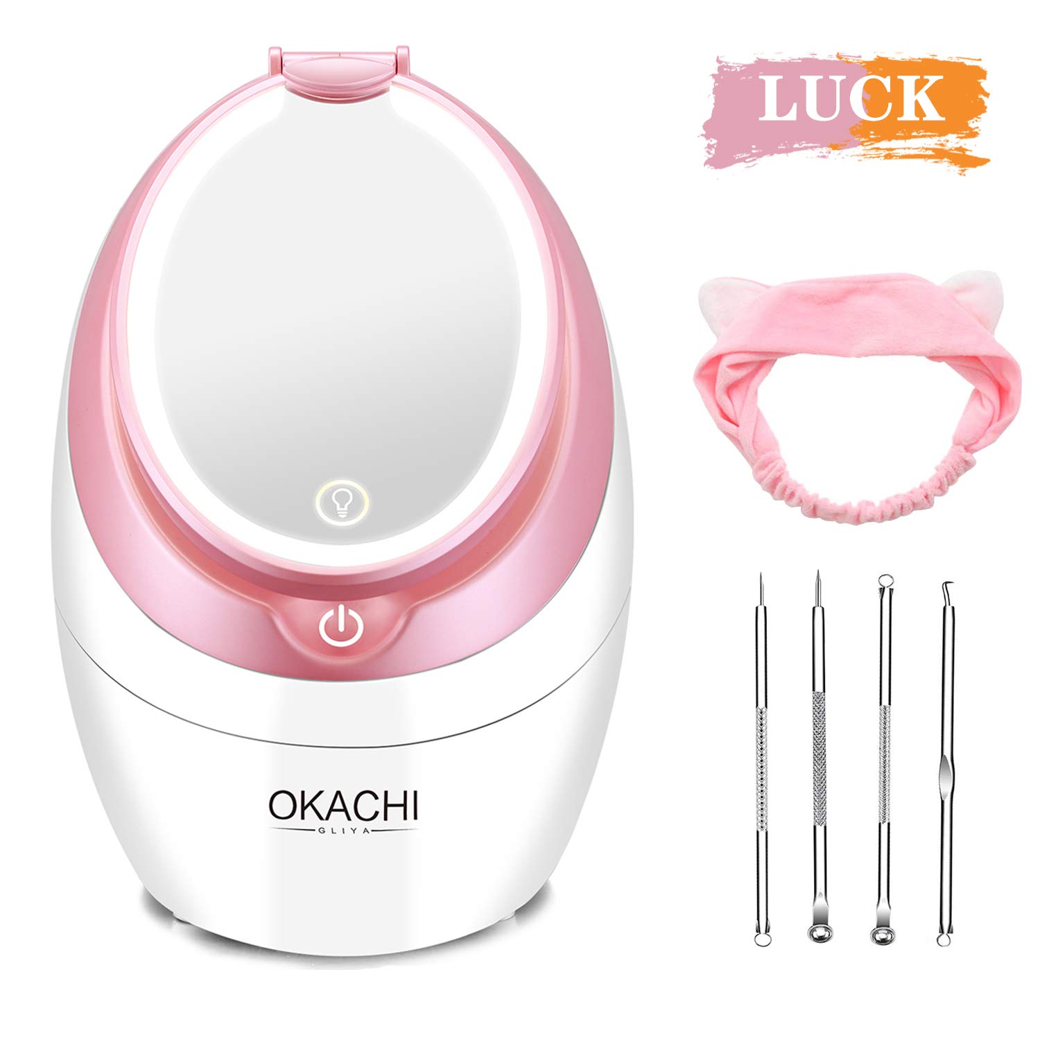 OKACHI GLIYA Nano Mist Face Steamer - Warm Mist Spa Facial Steamer Sprayer with LED Makeup Mirror - Home Sauna Humidifier Deep Moisturizing - Blackhead Remove Pores cleanse (Pink1): Beauty
