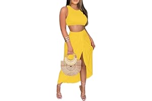 LYANER Women's 2 Piece Outfits Sleeveless Tank Crop Top and Wrap Split Slit Ruched Bodycon Midi Skirt