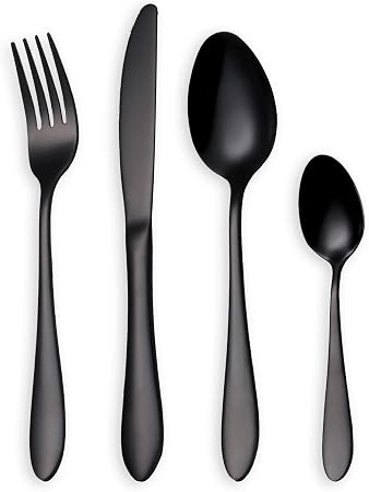 Homquen Black Cutlery Flatware Set 24 Pieces Stainless Steel Knife Fork Spoon Set For 6 Person Black 6 Sets Amazon Co Uk Kitchen Home