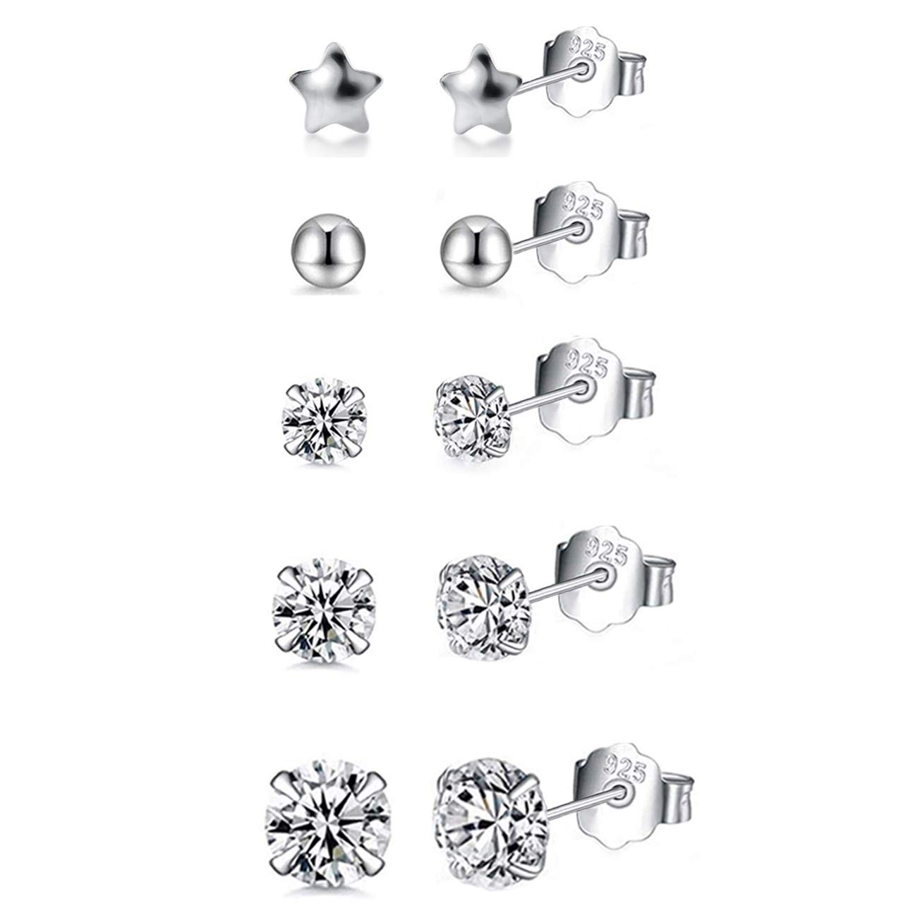 HAISWET Small 3mm Ball&3mm Star 925 Sterling Silver 3,4,5mm CZ Stud Earrings Set