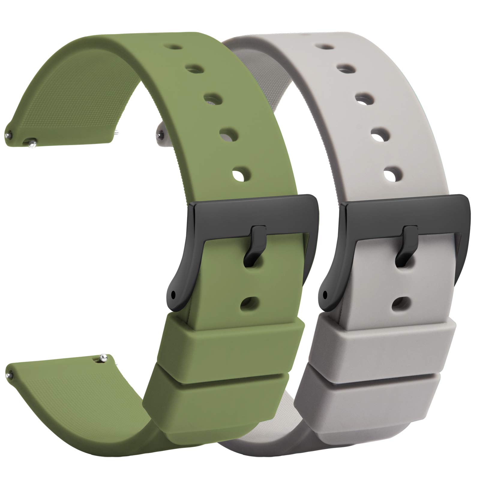 Silicone Watch Straps 22mm Quick Release - Grey Green Soft Rubber Watch Bands Replacement - Waterproof Military Style Watch Strap for Men Ladies - for Smart Watch Straps Black Clasp Buckle