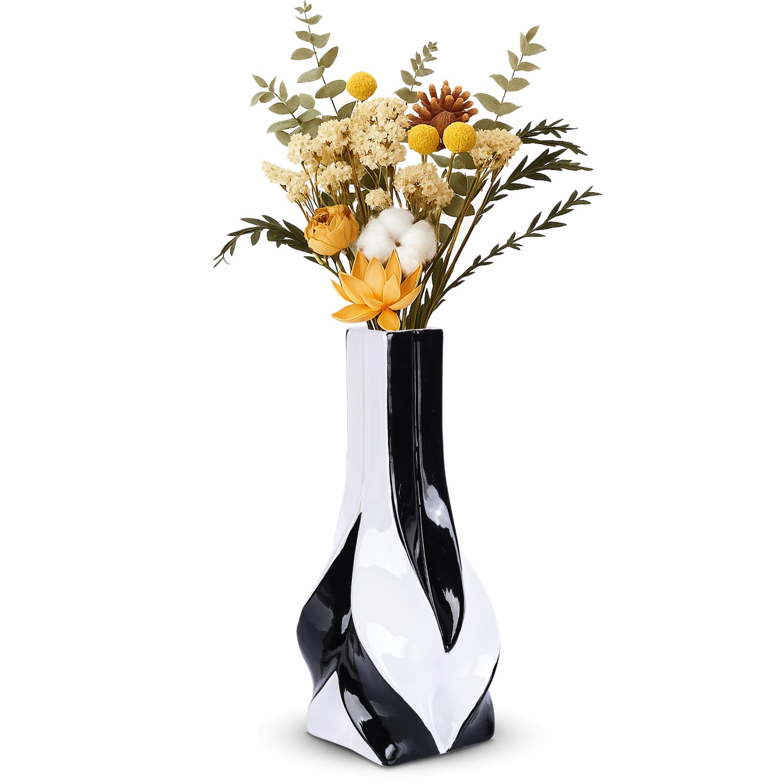 View 1 of 10.6" Black and White Ceramic Vase, Modern Geometric Flower Vase for Dining Table Centerpiece, Elegant Decorative Vase for Pampas Grass, Living Room, Bedroom, Office, Tabletop Decoration