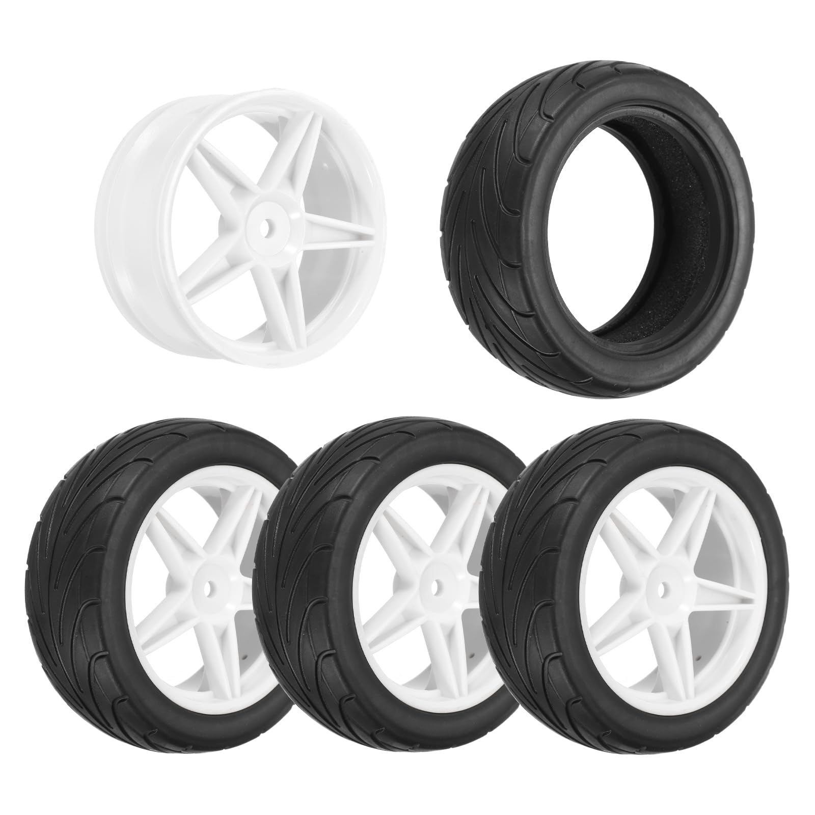 sourcing map 4-Pair High-Grip RC Car Tire & Wheel Set for 1/10 Scale Off-Road Cars - Soft Rubber Tyres with 12mm Hubs, Black/White