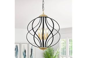 YURNYQ Modern Black and Gold Chandelier, 4 Lights Industrial Dining Room Chandeliers, Sphere Chandelier Large Pendant Light Fixtures Hanging for Kitchen, Entryway, Foyer, Stairs