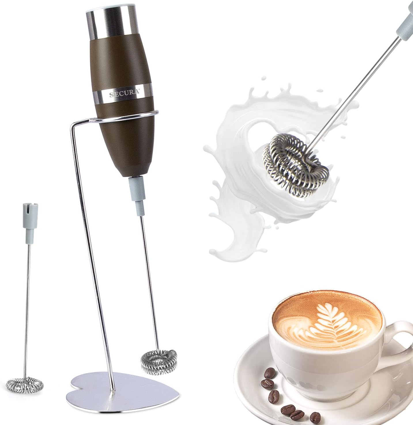 Secura Milk Frother Handheld, Battery-Operated, Electric Double Whisk Foam Maker – Milk Frother for Coffee, Lattes, Cappuccinos – Durable Drink Mixer with Stainless Steel Whisk and Stand, Brown