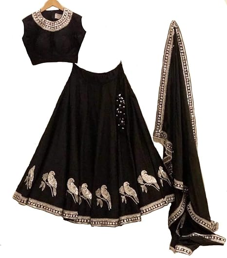 Womens Taffeta Silk Black Semi-Stitched Lehenga Choli