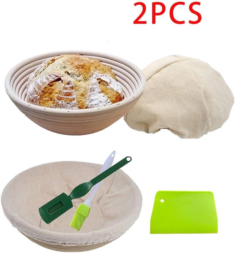 KEBEIXUAN 12inch Bread Proofing Basket 2 Packaging-Baking Bowl Dough Gifts for Bakers Proving, Silicone Bread Scraper+Silicone Brush+French Bread Blade Tool (12IN)