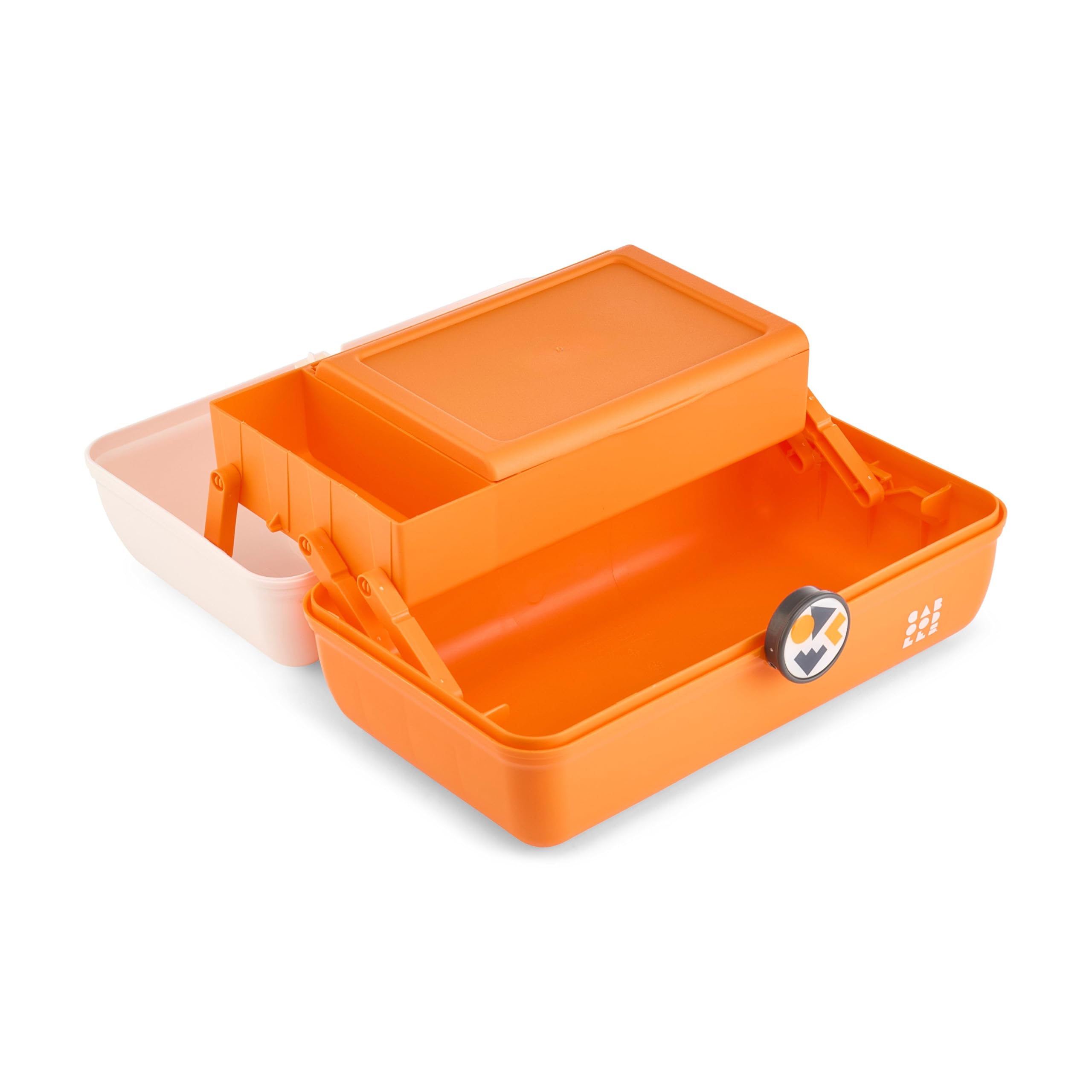 Caboodles School Spirit On-The-Go Girl Makeup Box, White Over Orange, Hard Plastic Makeup Organizer Box, Built-In Mirror, Secure Latch for Safe Travel, Spacious Storage for Large Items