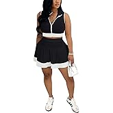 Doweha Summer 2 Piece Skirt Sets for Women Cute Going Out Patchwork Sleeveless Zipper Crop Tops Pleated Short Skort Skirt Set