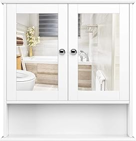 Homfa Armario de Baño con Espejo Armario de Pared Armario de Cocina o Medicina Blanco 2 Puertas y 3 Estanterías MDF 56x13x58cm 