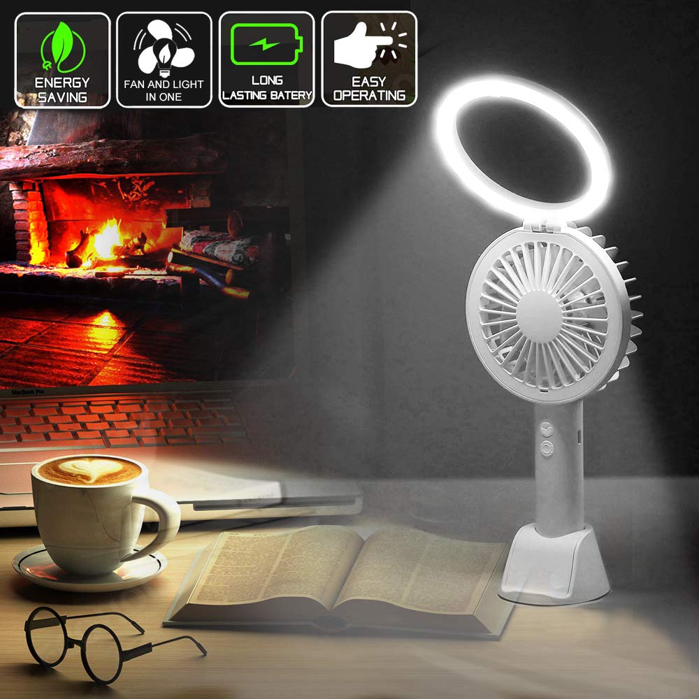 Mini Desk Fan Handheld Fan, Whisper Quiet Portable Personal USB Little Fan with Phone Holder, 7 Colourful LED Night Lights and Lamp, 1500mA Rechargeable Operated Battery, 3 Speeds Small Fan(White 08)