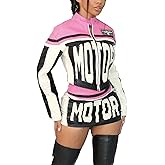 Molilove Women's 2 Piece Outfits Zipper Jacket High Waist Bodycon Mini Skirt Set Motorcycle Varsity Jacket Coat Streetwear