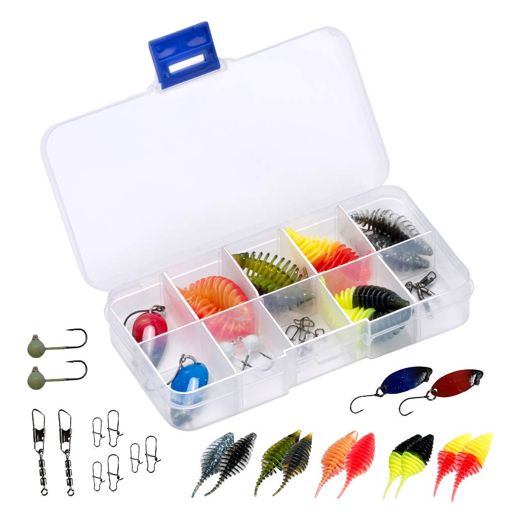 MiRoeFishing Ultralight Bait Set with Fine Rib Worm Rubber + 2 x Spoon + Snap + 3 Way Swivels as a Set in a Bait Box