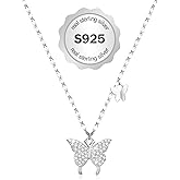 FEULJEW Butterfly Necklace for Women, 925 Sterling Silver Dainty Double Butterfly Pendant Necklace with Cubic Zirconia, Cute Choker Necklaces Jewelry Gifts for Women Mom Friends Grandma