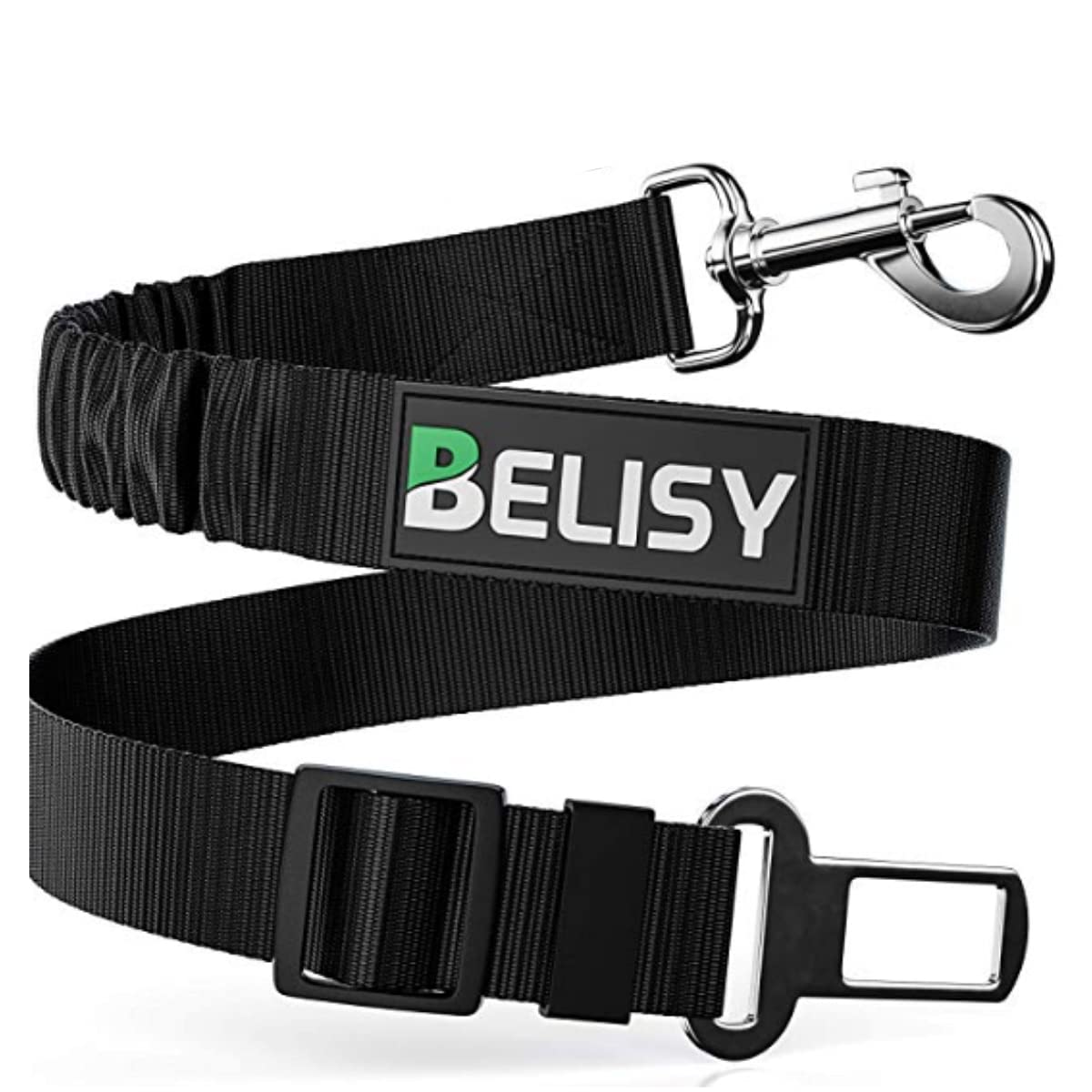 BELISY Dog Safety Seat Belt for Car Adjustable Length (60-80cm) with Tear-Resistant Nylon Belt and Elastic Tug Dampening Feature – Suitable for all Types of Dogs - Black