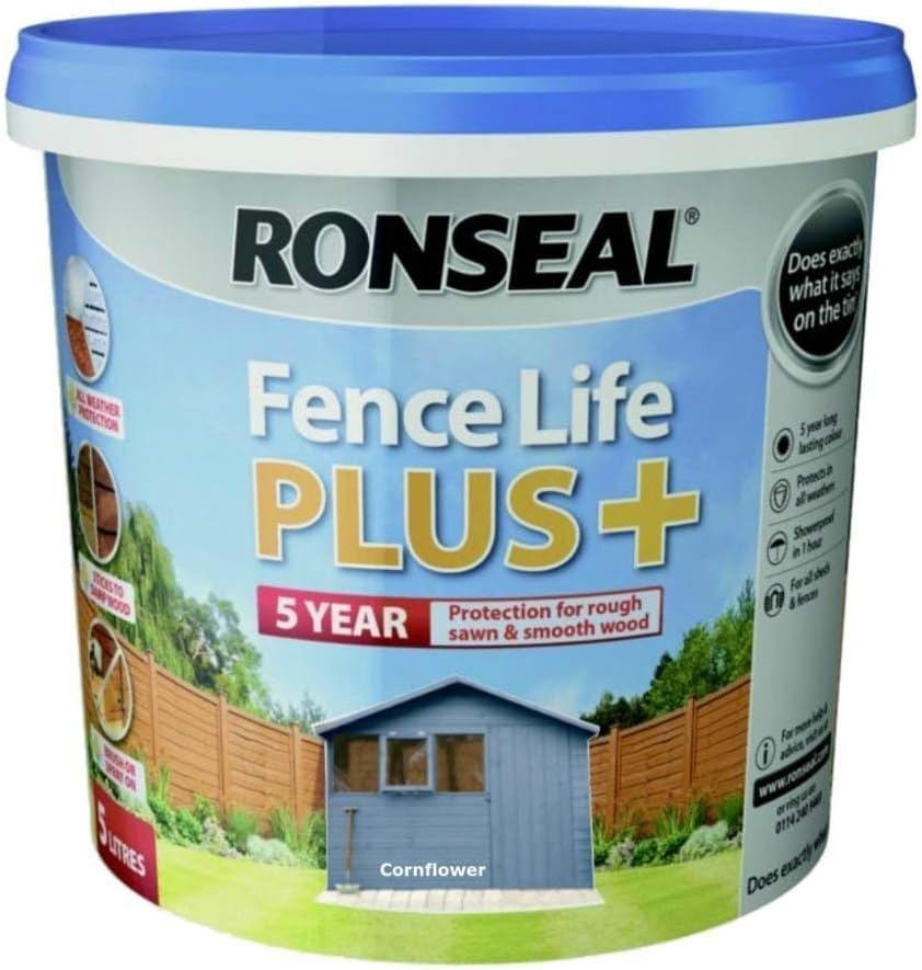 Ronseal Fence Life Plus+ Cornflower 5 Litres, 5 Year Long Lasting Protecion, All Weather Protection, Sticks to Damp Wood