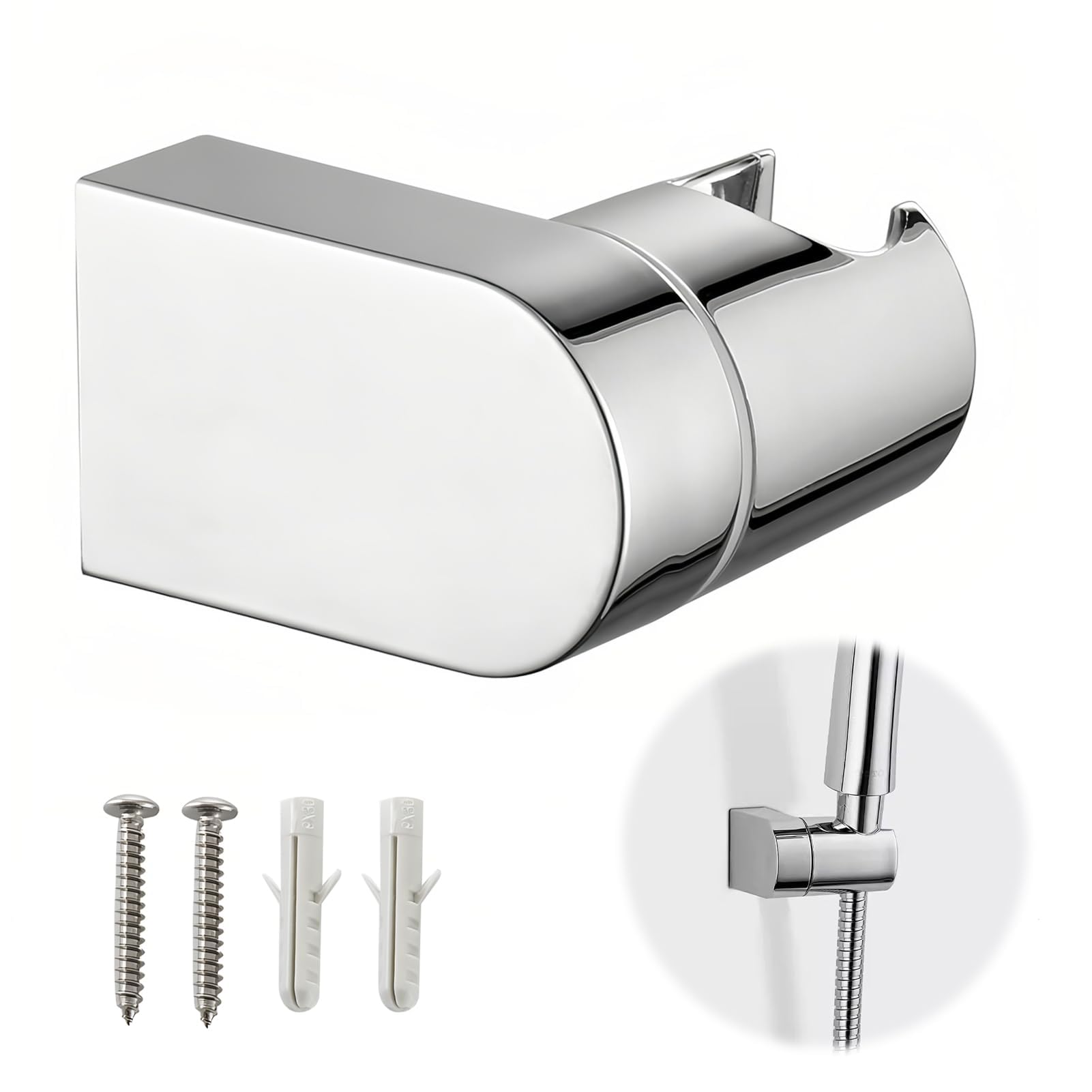 Shower Head Holder, Universal 360°Adjustable Angle Chrome Plated Shower Bracket, ABS Plastic Replacement Handheld Shower Holders, Wall Mount with Screws and Expansion Tube for Bathroom, Silver