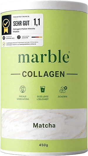 marble® Collagen Pulver 450 g - Collagenpeptide - 60 Tage risikofrei testen - Aminosäuren Komplex hochdosiert - Kollagenpulver in Pappdose ohne Plastiklöffel (Matcha)