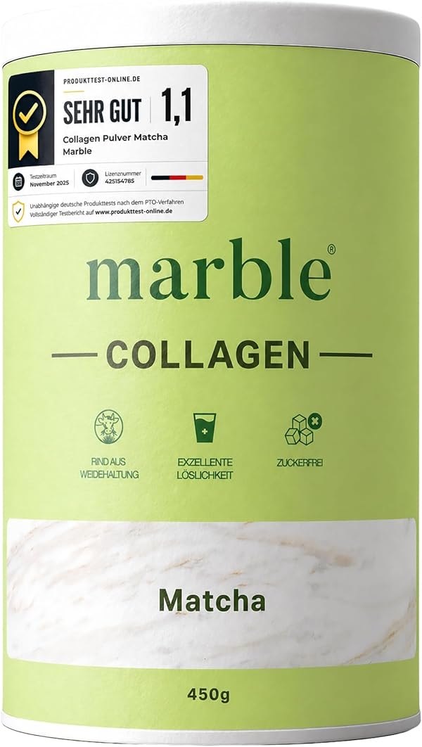 marble® Collagen Pulver 450 g - Collagenpeptide - 60 Tage risikofrei testen - Aminosäuren Komplex hochdosiert - Kollagenpulver in Pappdose ohne Plastiklöffel (Matcha)