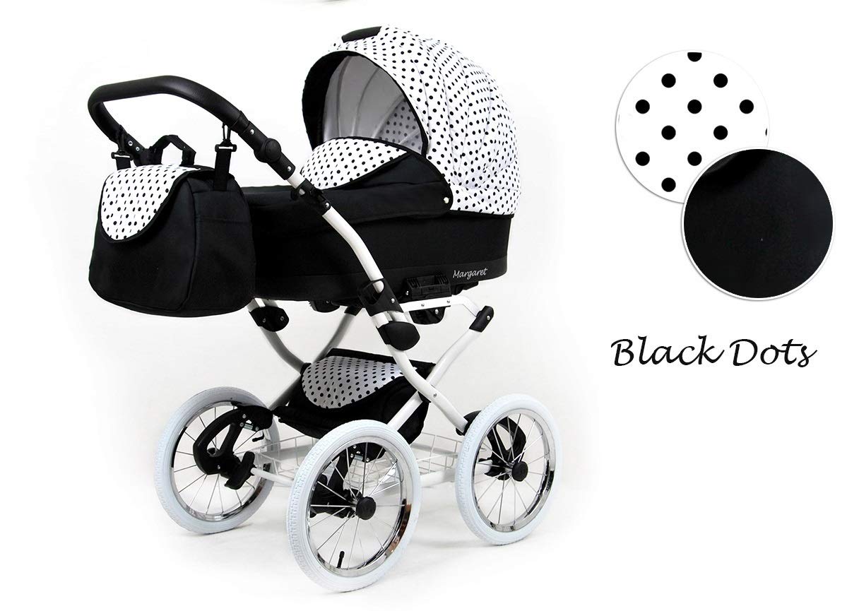 Lux4Kids Retro Kinderwagen 3 in 1 Komplettset mit Autositz Buggy Megaset Marget Black Dots 2in1 ohne Autositz