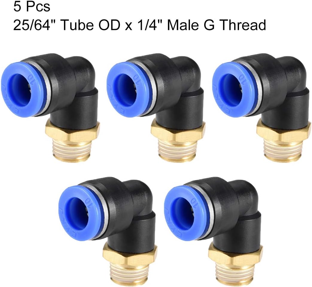 sourcing map Push to Connect Tube Fitting Male Elbow 10mm Tube OD x G1/4 Thread Pneumatic Air Push Fit Lock Fitting Blue 5pcs - Image 4