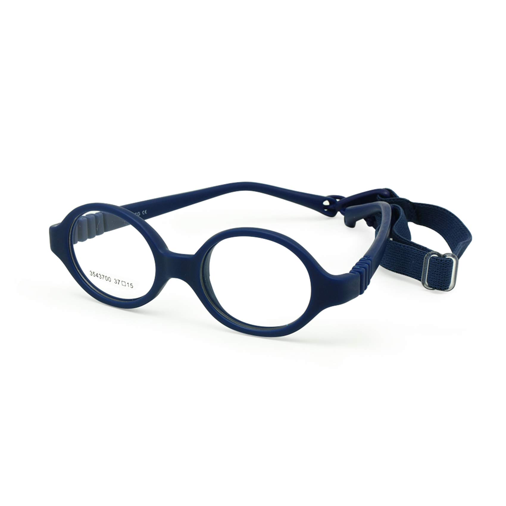 EnzoDate Baby Glasses Size 37 No Screw Safe Bendable with Strap, Flexible Optical Children Round Frame with Regular Lenses, Kids Eyeglasses & Cord (navy)