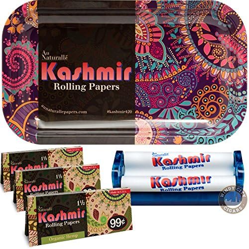Kashmir Combo Bundle with Organic Rolling Papers Pack, Cool Design Metal Rolling Tray, and Roller Injector Machine - 1 1/2 Pack of 3 Hippie