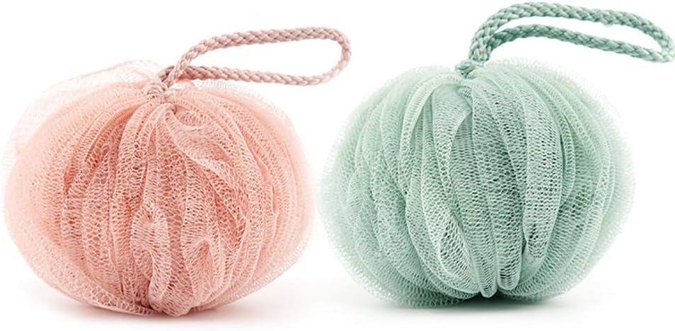 Omenluck 2Pcs Mesh Pouf Loofah Shower Bath Sponge Balls Exfoliating Scrubber Set