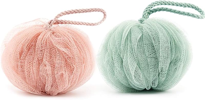 Omenluck 2Pcs Mesh Pouf Loofah Shower Bath Sponge Balls Exfoliating Scrubber Set