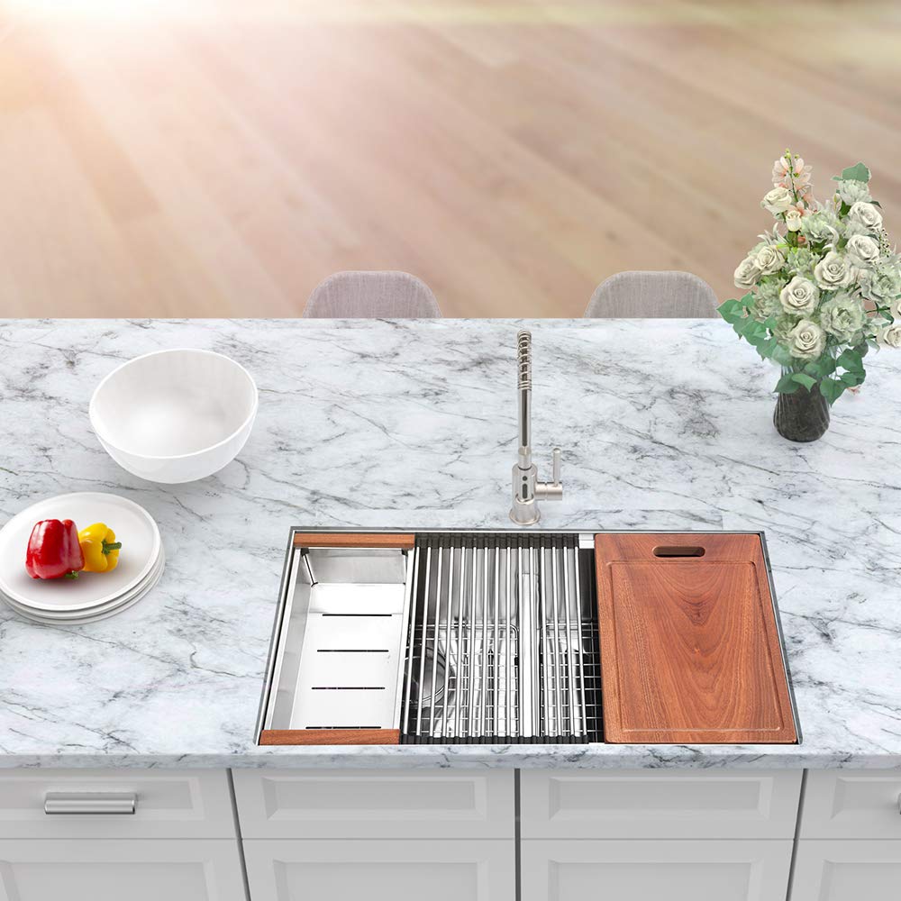 Sarlai 33 Inch Undermount Workstation Low Divide Double