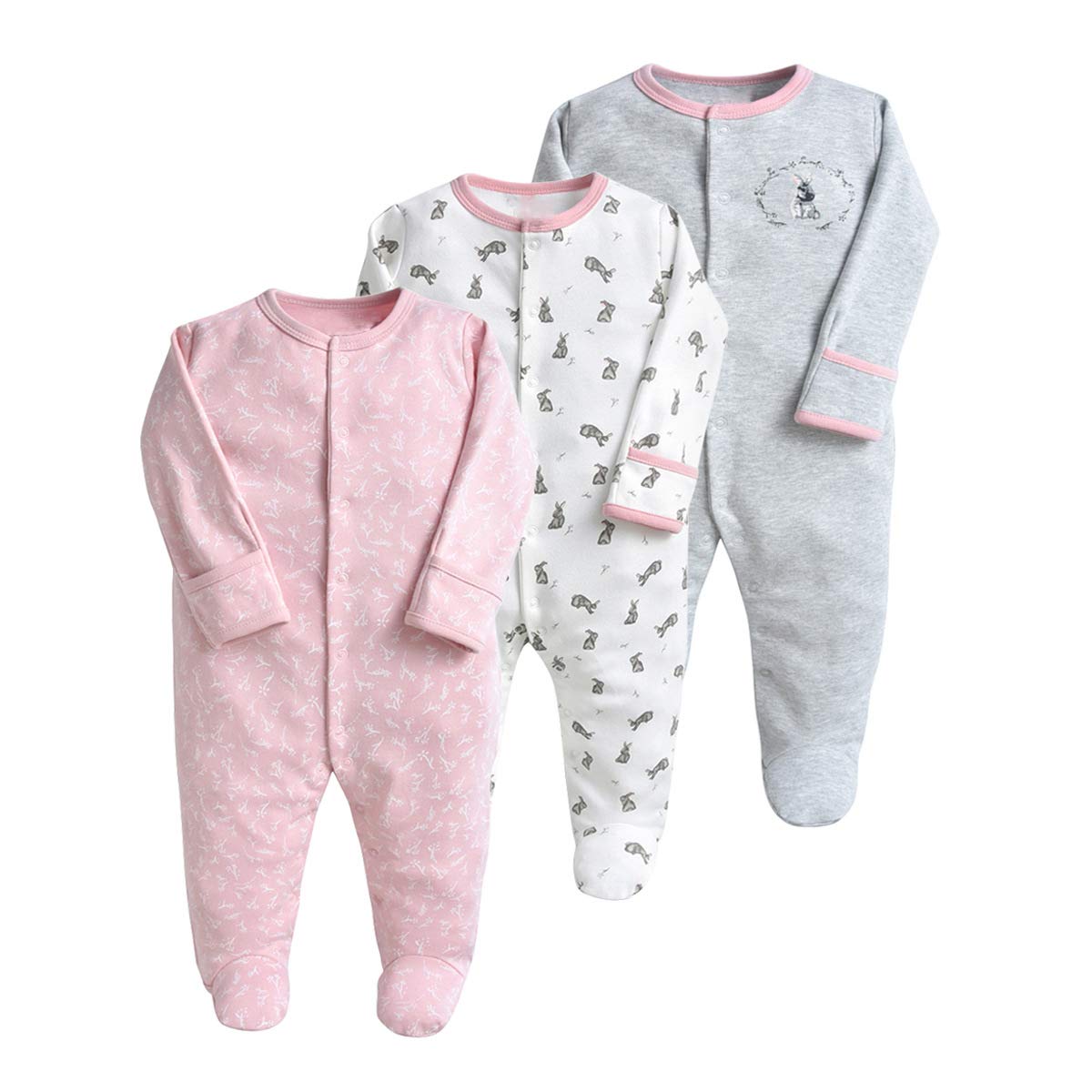 Minizone Baby Cotton Pyjama Set 3PCS Unisex Onesie Long Sleeve Overalls Cotton Romper, 3-6 Months, Grey2