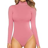 MANGOPOP Women's Mock Turtle Neck Long Sleeve Tops Bodysuit Jumpsuit Pink Large