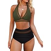 OMKAGI Women Mesh High Waisted Bikini Set Sexy V Neck Tummy Control Swimsuit Bathing Suit