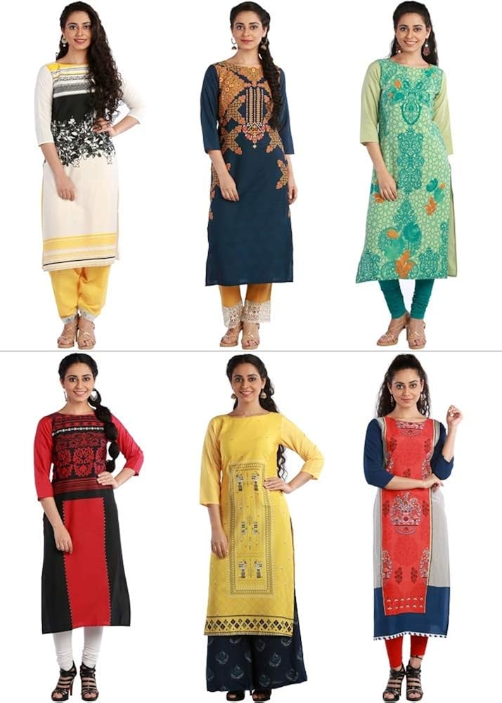 1 stop fashion women's multi-coloured crepe knee long w style kurtas combo (set of 6)