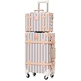 UNIWALKER Vintage Carry on Luggage Set, 2 Piece Retro Spinner Trunk Suitcase with Cosmetic Train Case for Women, 20"+12", Blue Strip