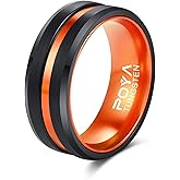 POYA TUNGSTEN Ring Mens 8mm Black Plated Wedding Band Beveled Edges with Colored Aluminum Liner Interior