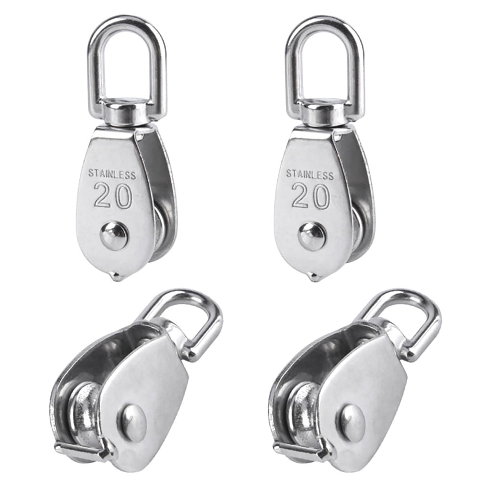 BuxiuGK 4 Piece 20 mm Single Pulley Block Heavy Duty Pulley Roller in 304 Stainless Steel Suitable for Rope or Cord in Indoor and Outdoor Loading 75KG- Silver