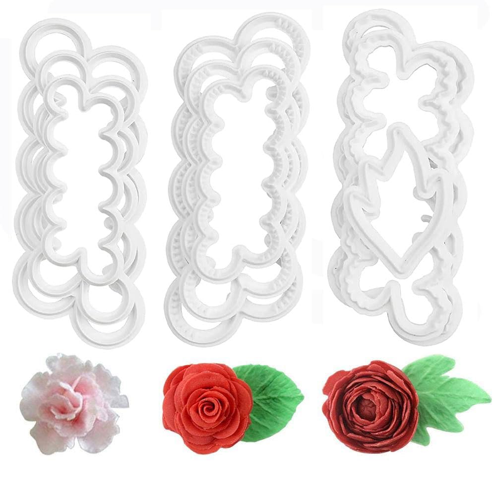 Fondant Icing Tool, 9Pcs Roses Carnations Peony 3D Petal Cake Cutter Flower DIY Baking Accessories