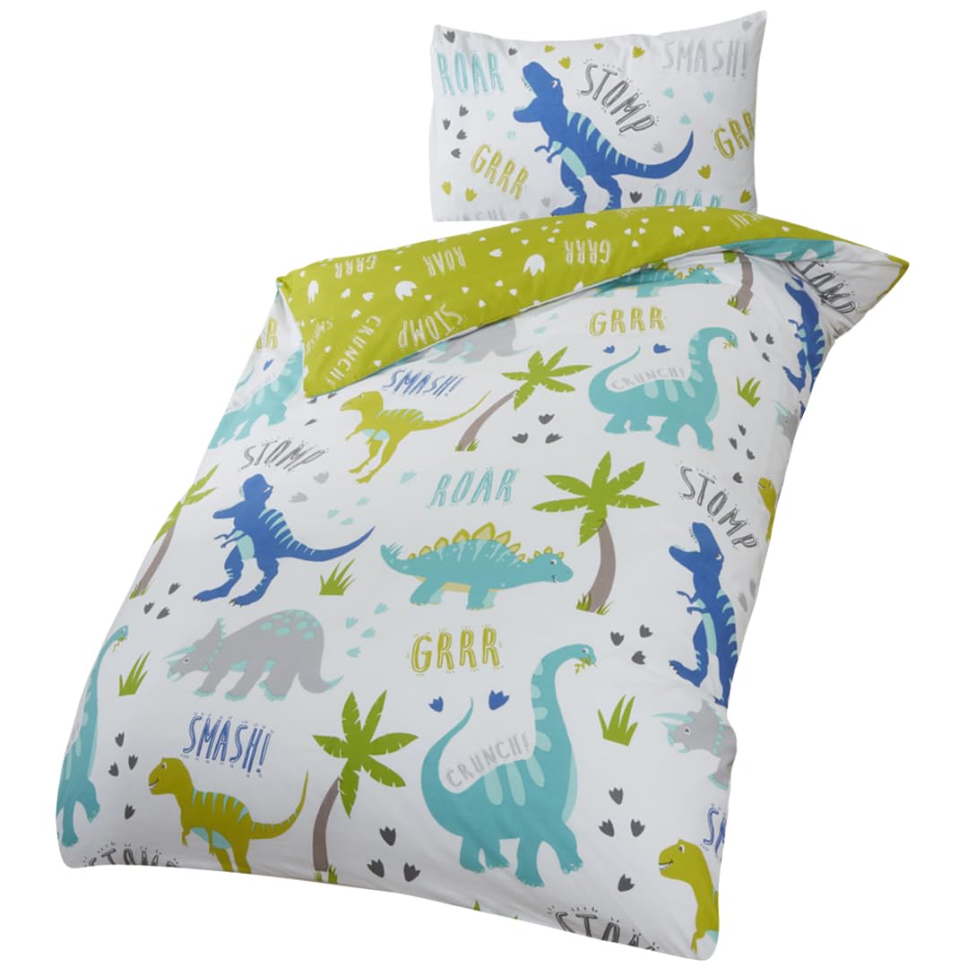 Rapport Roarsome Dinosaur Reversible Duvet Cover Set for Kids | Vibrant Dino World Bedding | Soft Cotton Blend Single Size, White/Green/Blue