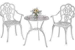 Z1UVDFUR Patio Bistro Set of 2, Cast Aluminum, Outdoor Set w/Umbrella Hole, 3 Piece Table and Chairs Set, Bistro Set for Backyard/Garden/Lawn, White