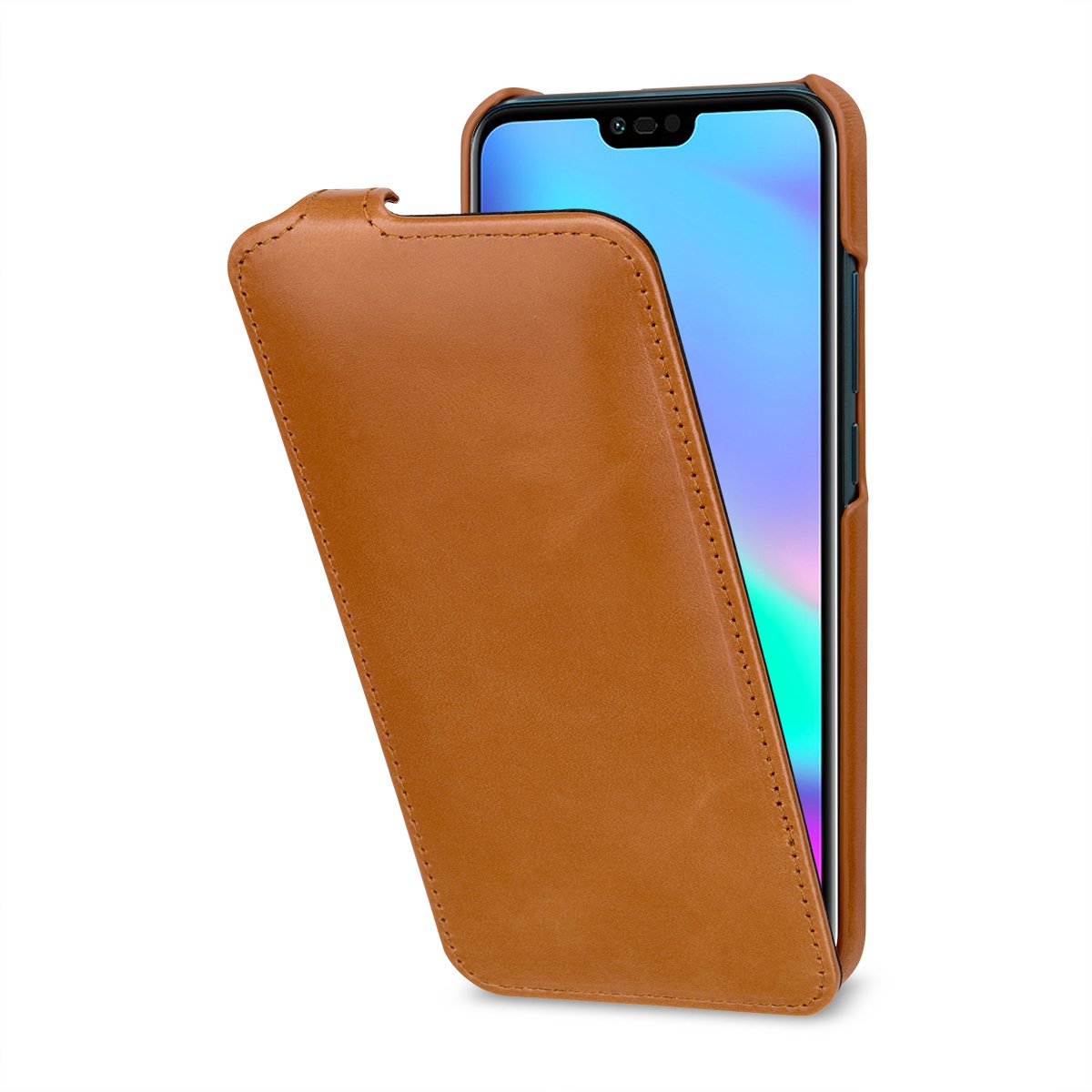 StilGut Slim Vertical Flip Case for Honor 10, Genuine Leather Huawei Honor 10 Case, Cognac Brown