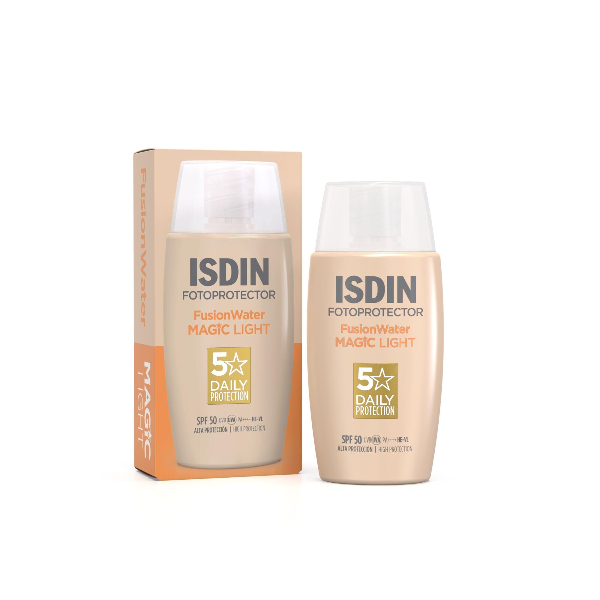 ISDIN Fusion Water MAGIC Color Light SPF 50 - Tinted Facial Sunscreen - For Fair & Pale Skin - Natural Coverage, No Orange Effect - Oil-Free, 50ml