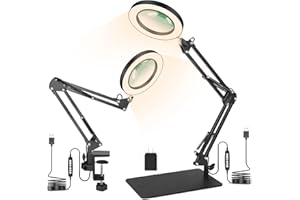 NOEVSBIG Magnifying Glass with Light and Stand, 2 in 1 Magnifying Lamp for Close Work, 3 Color 10 Brightness Magnifier Light with Swing Arm, Sleep Timer+Memory Function Reading Crafting Desk Lamp