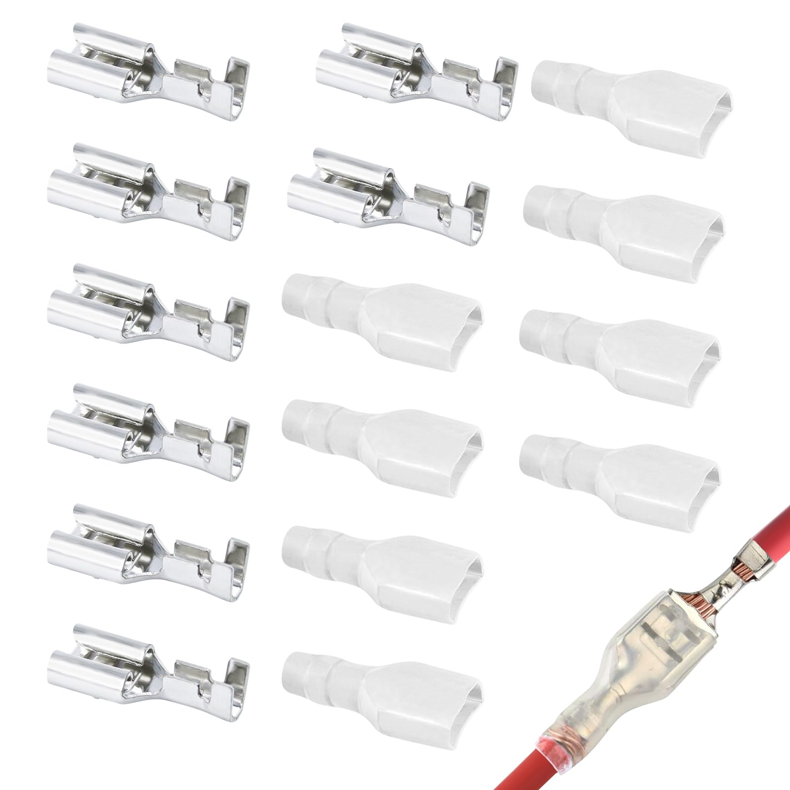 Non-insulated Female Spade Quick Splice Crimp Terminals 6.3mm, Complete Set with 8 Pcs and Protective Sheath – Reliable Crimp Connector Solution
