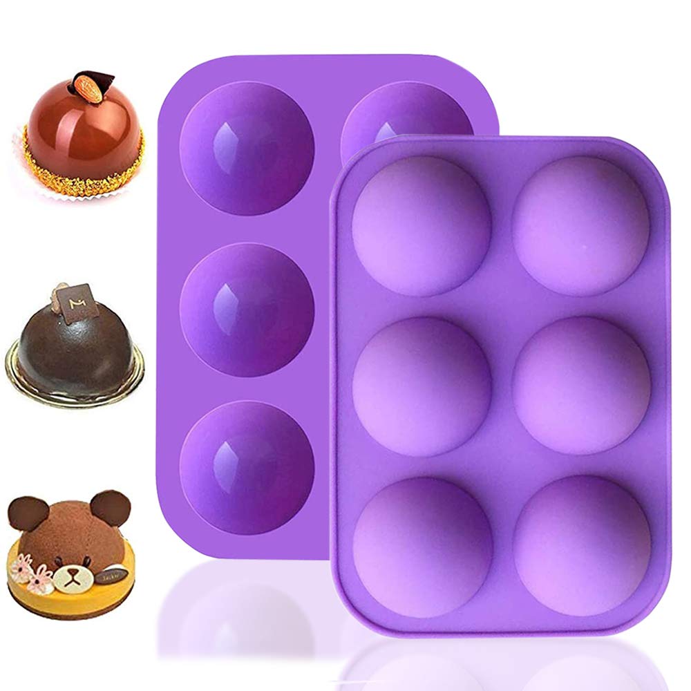 2PCS Semi Sphere Silicone Mold, BREEZO 6-Cavity Baking Mold for Making Hot Chocolate Bombs, Cocoa Bombs, Cake, Jelly, Dome Mousse, Soap, Non Stick, BPA Free Round Shape Half Sphere Molds (Purple)