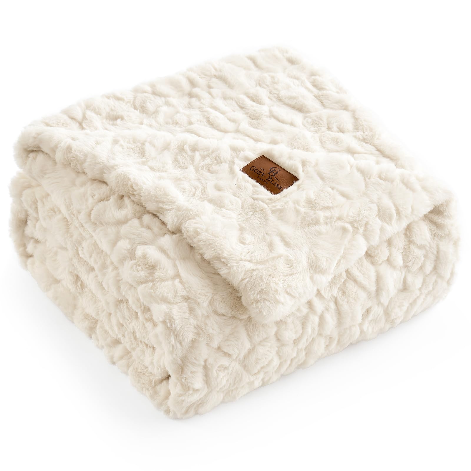 Photo 1 of Cozy Bliss Faux Fur Throw Blanket for Couch, Fuzzy Soft Plush Thick Warm Fluffy Reversible Wave Textured Blanket for Sofa Bedroom Living Room, 55 * 70 Inches Cream White