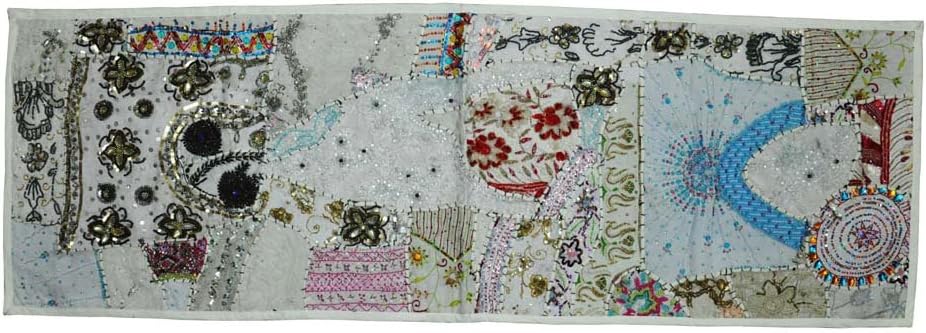 Indian Decorative Wall Hanging Tapestry With Graceful Sequins Beads Mirrors, Zari Silk Thread Embroidery & Multicolour Old Sari Patch Work, 152 X 50 Cm