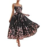 A-line Flower Tulle Prom Dress for Women, Square Neck Spaghetti Formal Evening Tea Length Party Gowns