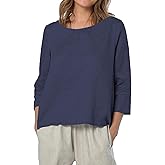 Amazhiyu Women's 100% Linen 3/4 Sleeve Blouse Crew Neck Loose Fit Summer Casual Tops
